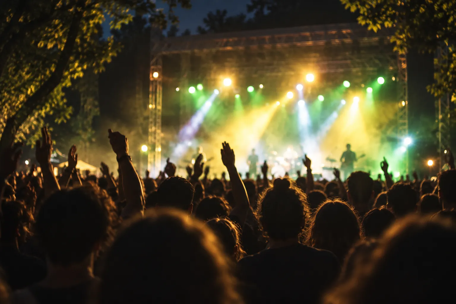 A crowd silhouetted in front of a lit outdoor stage at night