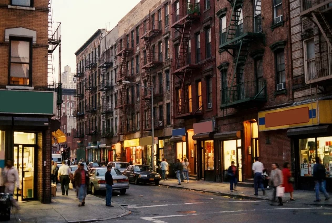A Lower East Side block filling up early in the evening, doorways spilling light