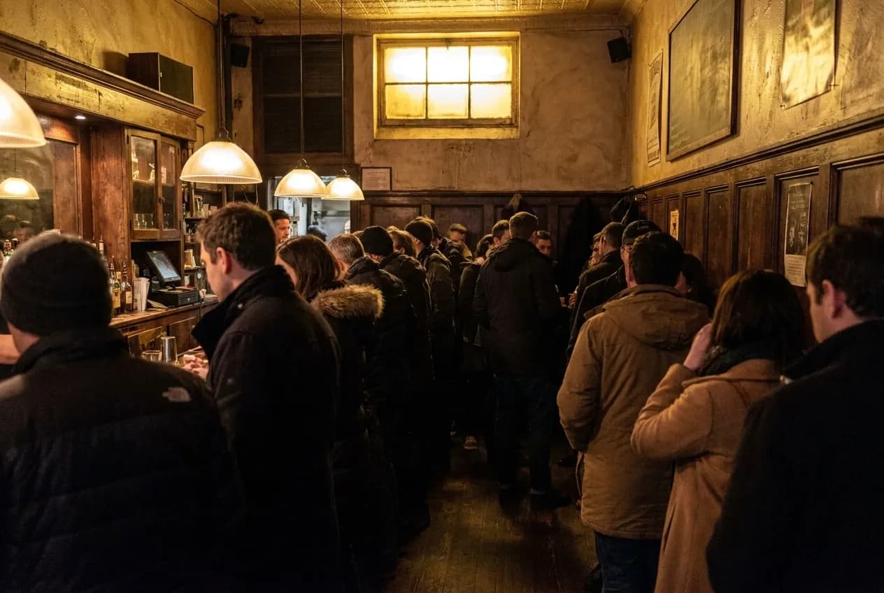 A packed narrow bar room mid-evening, everyone standing
