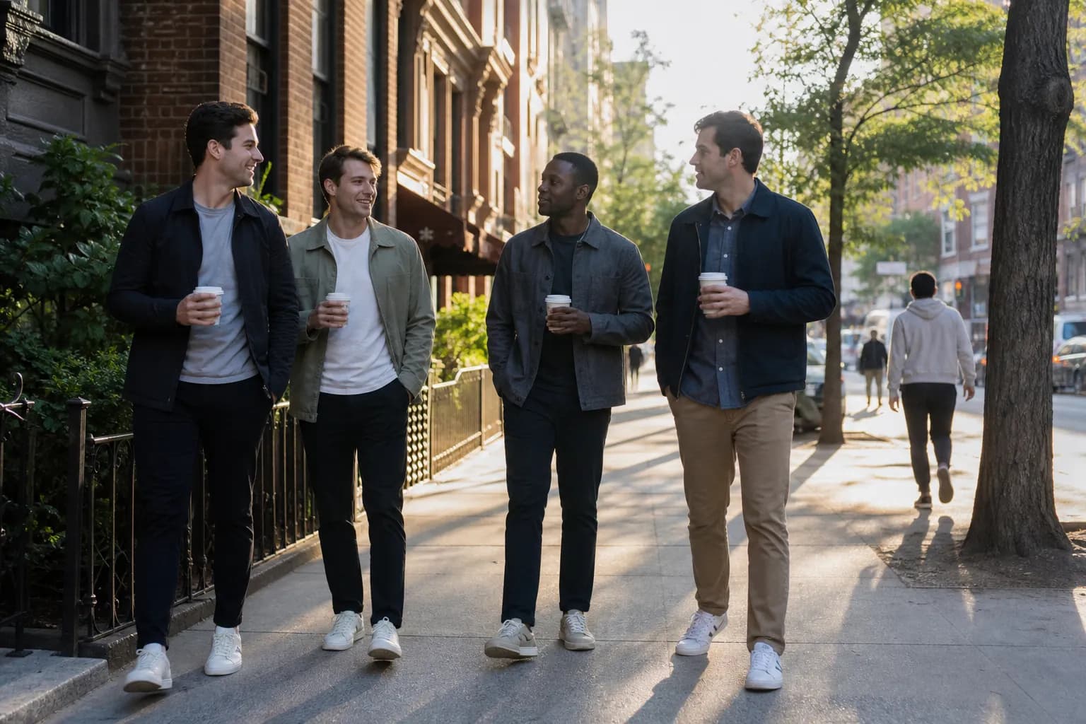Friends walking to an early sports cafe route