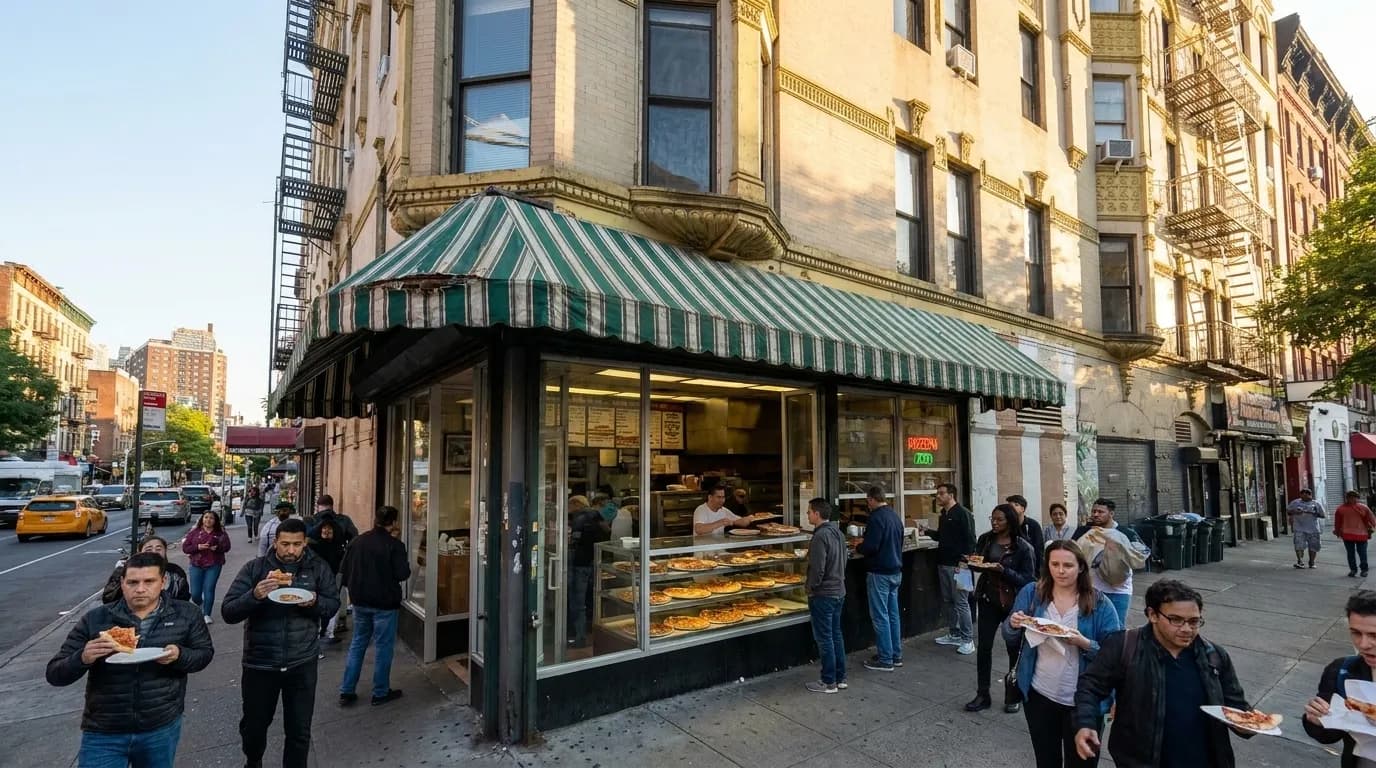 Joe's Pizza storefront on Bleecker Street in Greenwich Village with pedestrians walking past