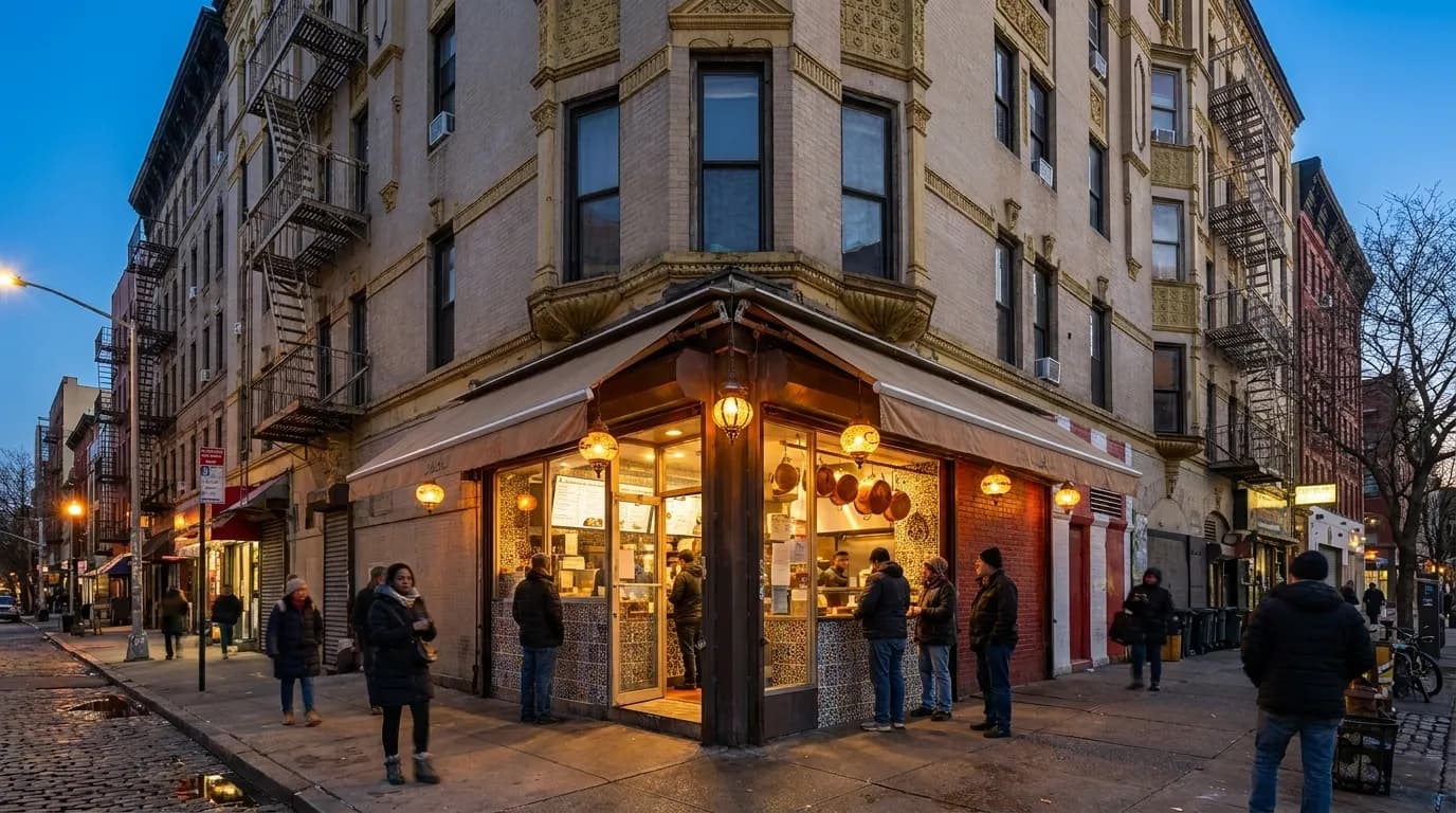 Mamoun's Falafel exterior on MacDougal Street with its iconic signage