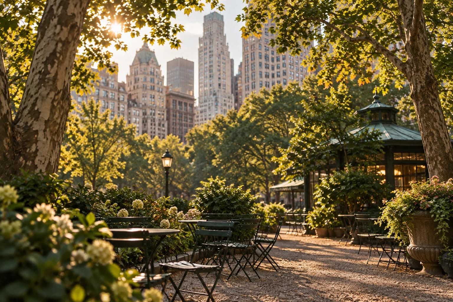 A city park with plane trees and a low kiosk building under late afternoon light