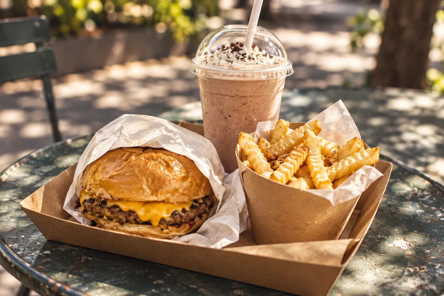 A paper tray with a burger, crinkle-cut fries and a milkshake on an outdoor table