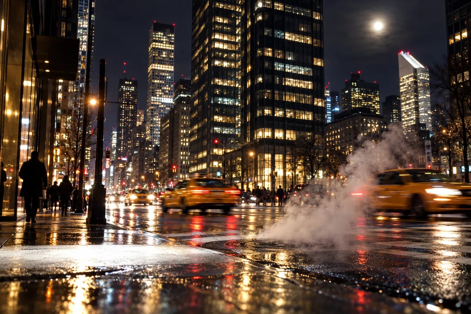 A Midtown Manhattan corner at night with bright light from a street cart