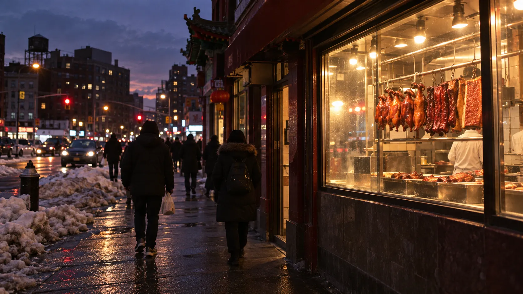 At dusk, Great N.Y. Noodletown’s glowing Bayard-and-Bowery window shows hanging roast meats above the darker Chinatown sidewalk.