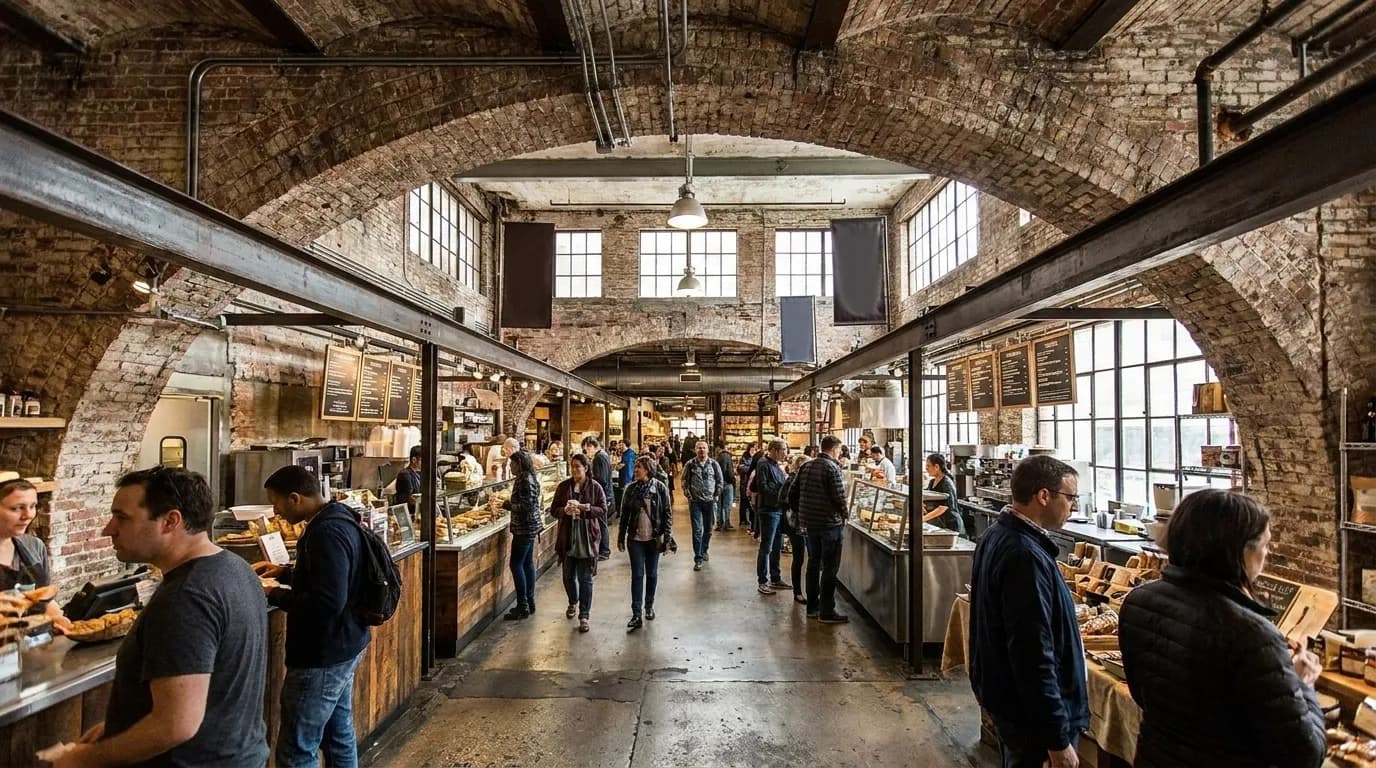 Wide interior view of Chelsea Market's brick-arched corridor with vendor stalls and shoppers