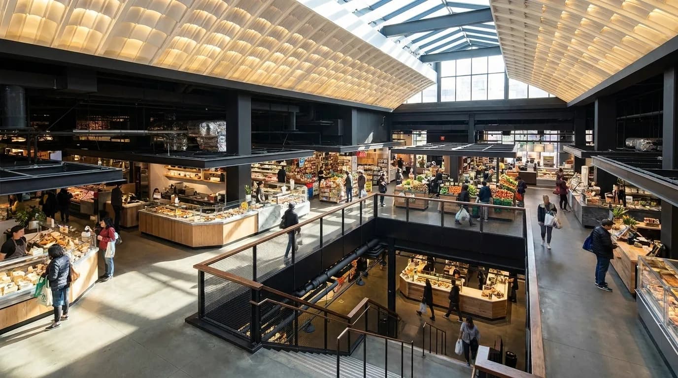 Modern Essex Market interior with vendor counters and natural light