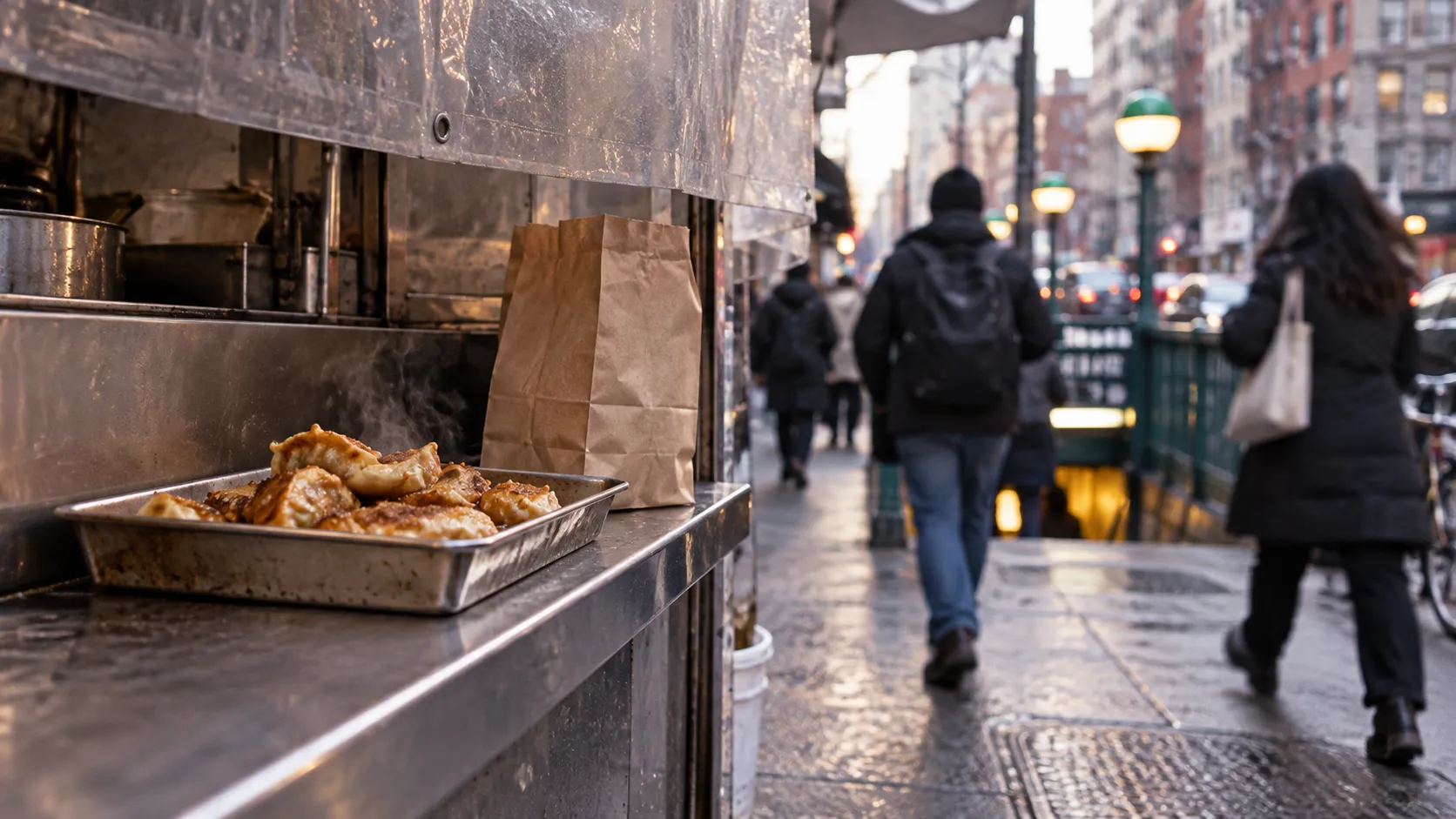 Crisp golden dumplings and a brown paper takeaway bag sit on an Eldridge Street ledge as blurred foot traffic passes in cool light.