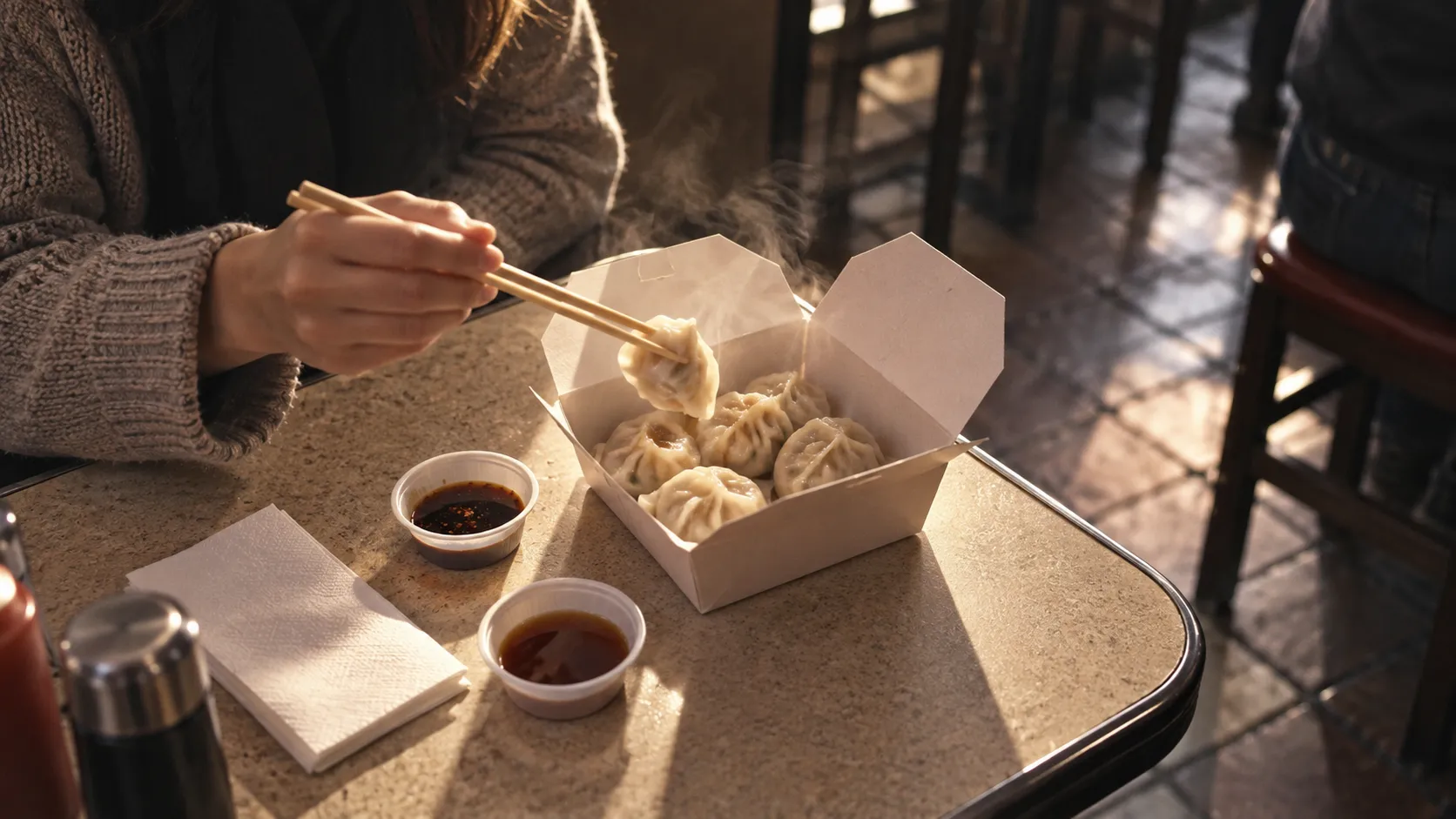 A small laminate table holds dipping cups, a napkin, and steaming dumplings inside Vanessa’s compact, warmly lit dining room.