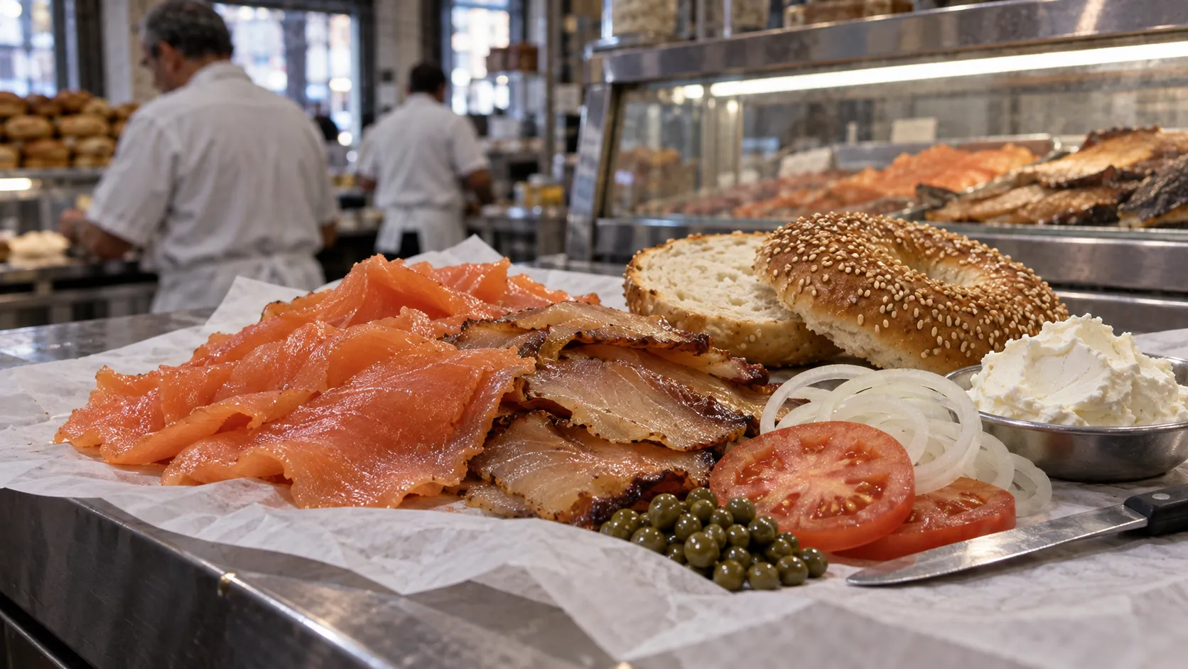 Hand-sliced coral nova and smoked sturgeon overlap beside a sesame bagel, cream cheese, tomato, onion, capers and a small knife.