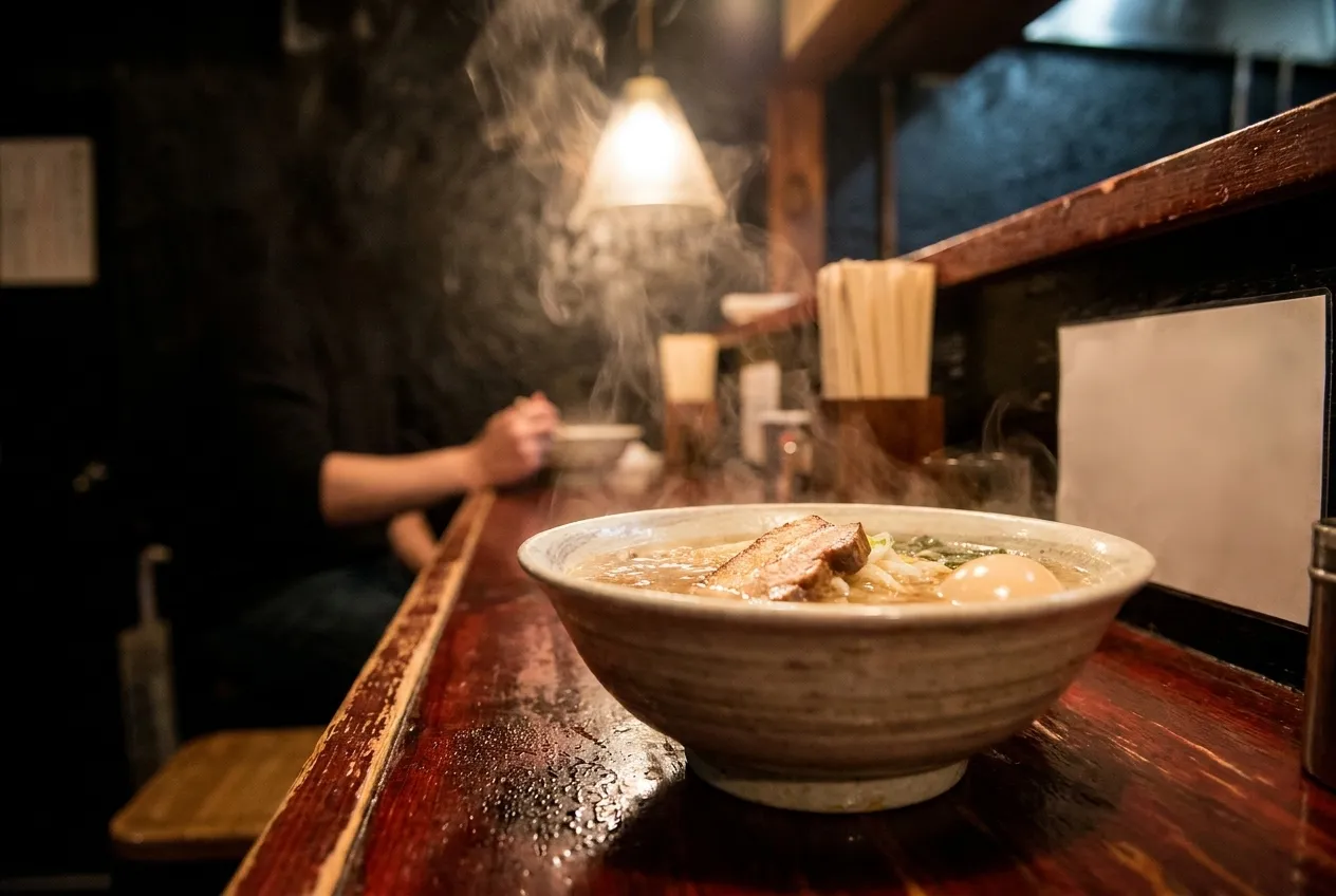 A bowl set down on a lacquered counter, steam rising under a single warm bulb