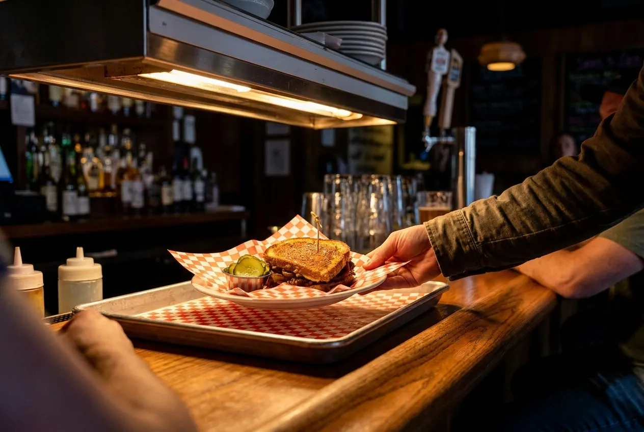 A short bar counter late in the evening, one plate landing under the pass light