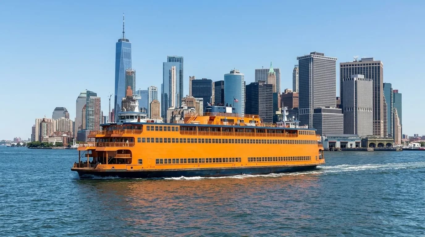Orange Staten Island Ferry crossing New York Harbor with Manhattan skyline in background