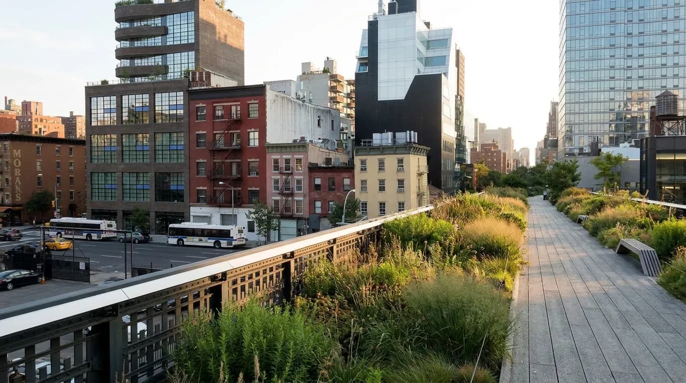 High Line elevated park with Chelsea buildings and planted walkway