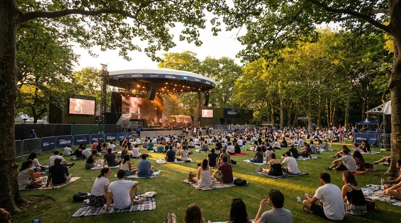 SummerStage venue at Rumsey Playfield in Central Park with stage and crowd seating area