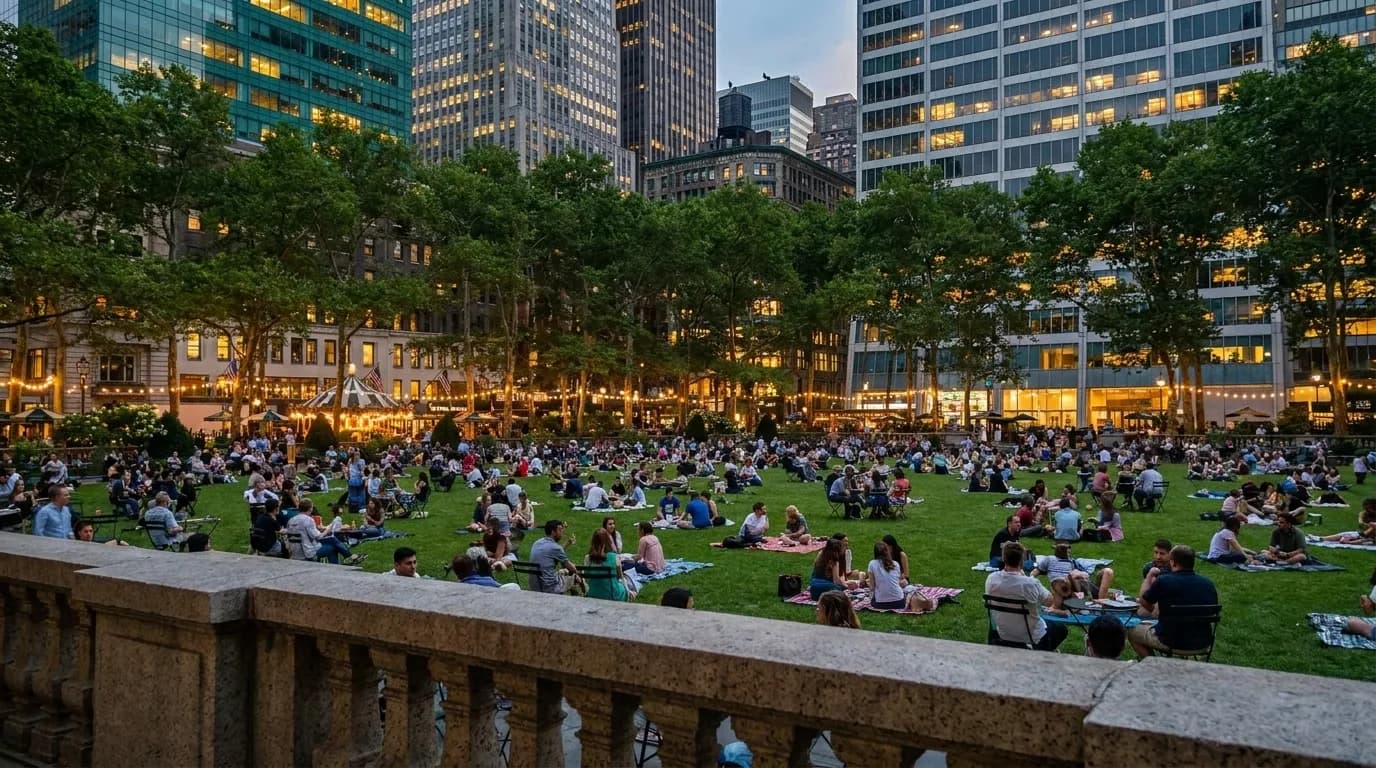 Bryant Park great lawn with surrounding Midtown Manhattan skyscrapers