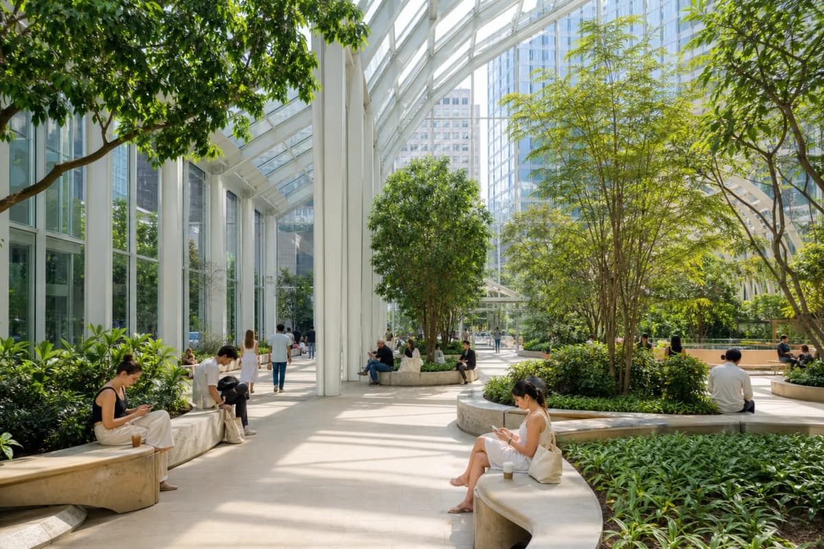 A bright indoor public atrium in NYC with greenery, seating, and warm summer daylight