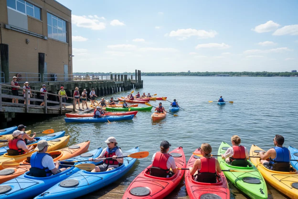 Kayaks launching from a Manhattan waterfront pier