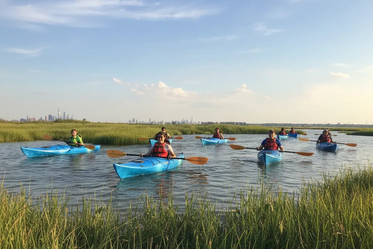 Beginner paddlers on calm city water