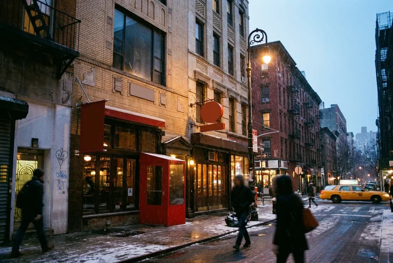 Ludlow Street at dusk, doorways lit along a single narrow block