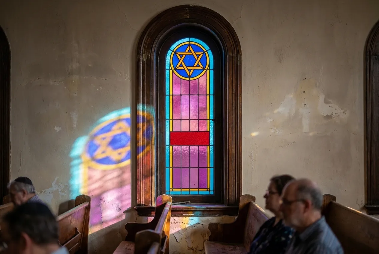 Late light through stained glass in a restored nineteenth-century interior