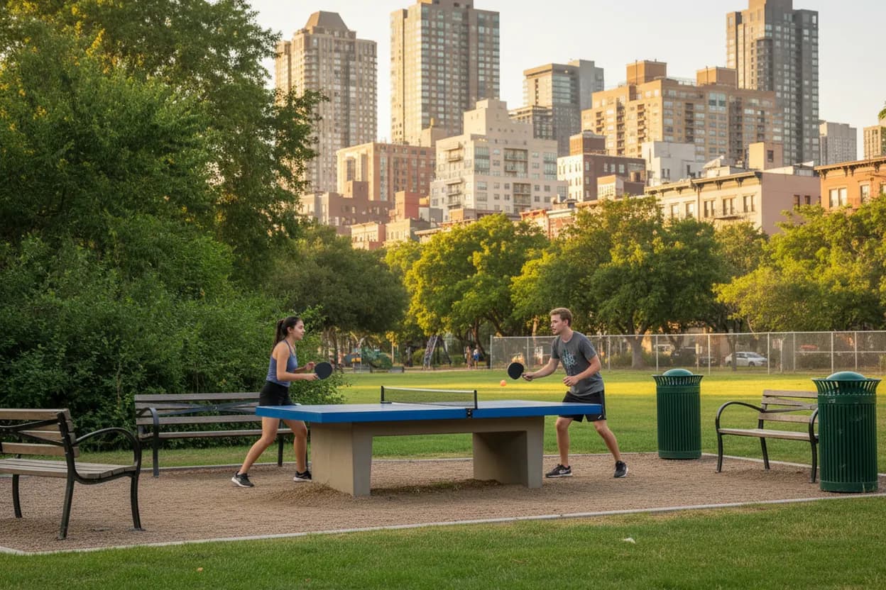 An outdoor public ping-pong table in a city park