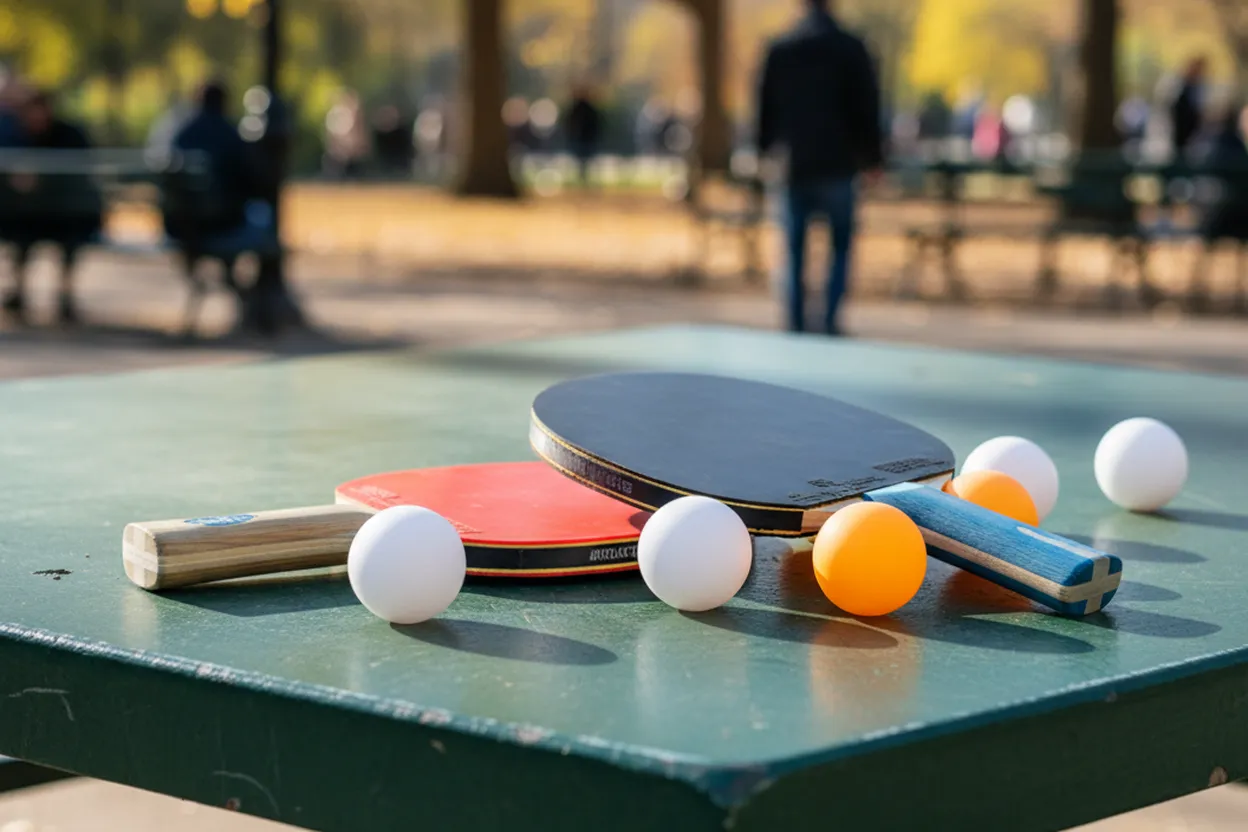 Ping-pong paddles and balls ready on an outdoor table