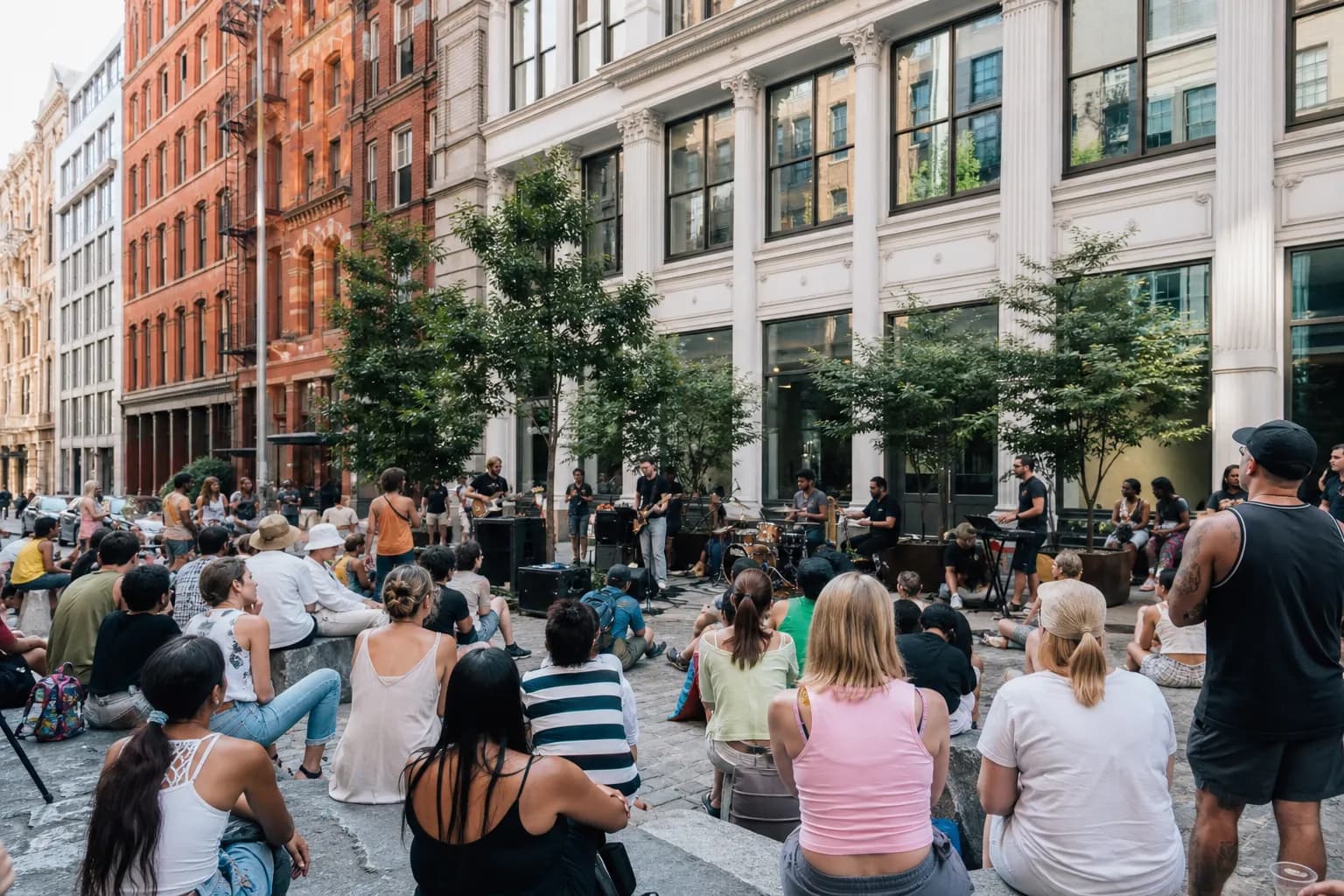 Realistic editorial cover scene for NYC Free Summer Concerts Before The Weekend Crowd Hits in SoHo, NYC.