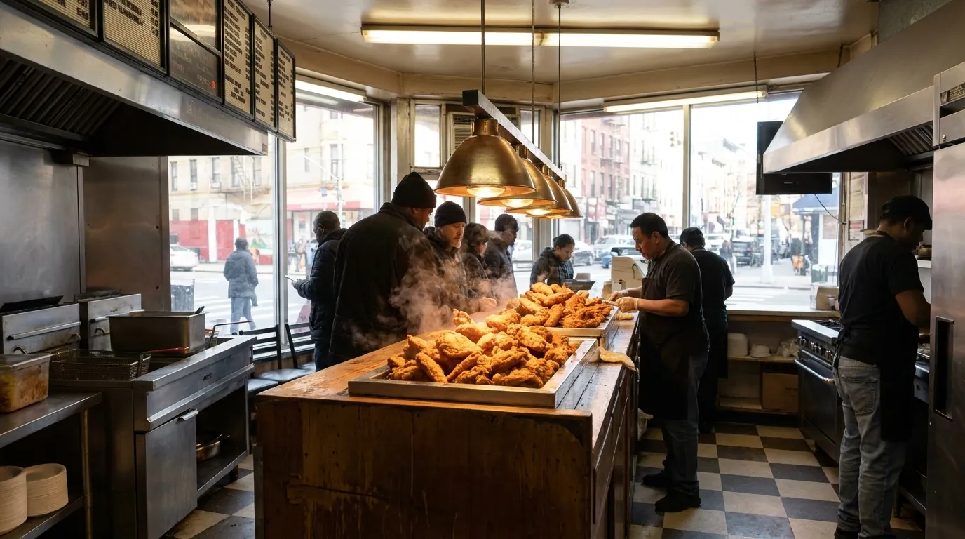 Golden fried chicken pieces on a counter at a Harlem fried chicken restaurant