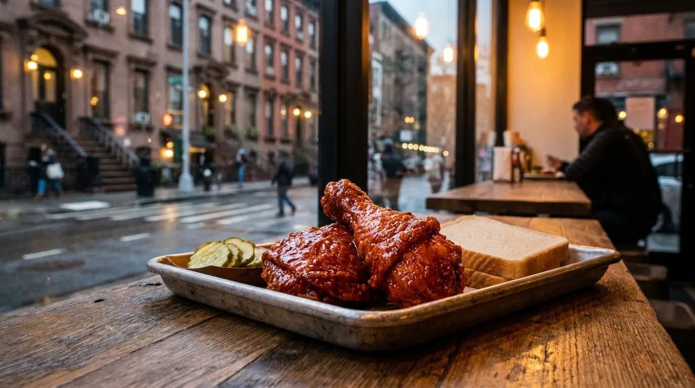 Nashville hot chicken plate at Brooklyn restaurant