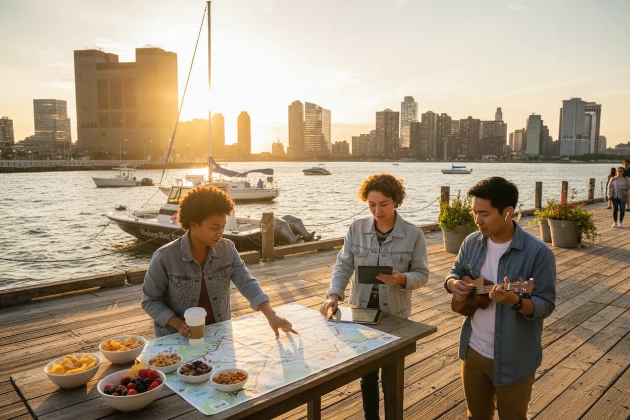 Waterfront table pause for a NYC country-night route