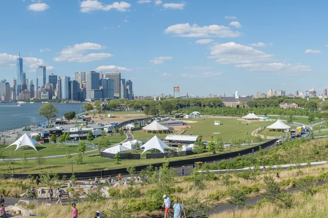 Governors Island skyline lawn for a free NYC summer route