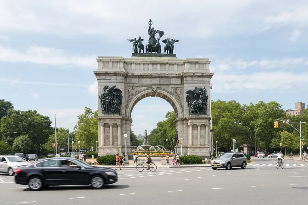 A grand Brooklyn plaza with a triumphal arch