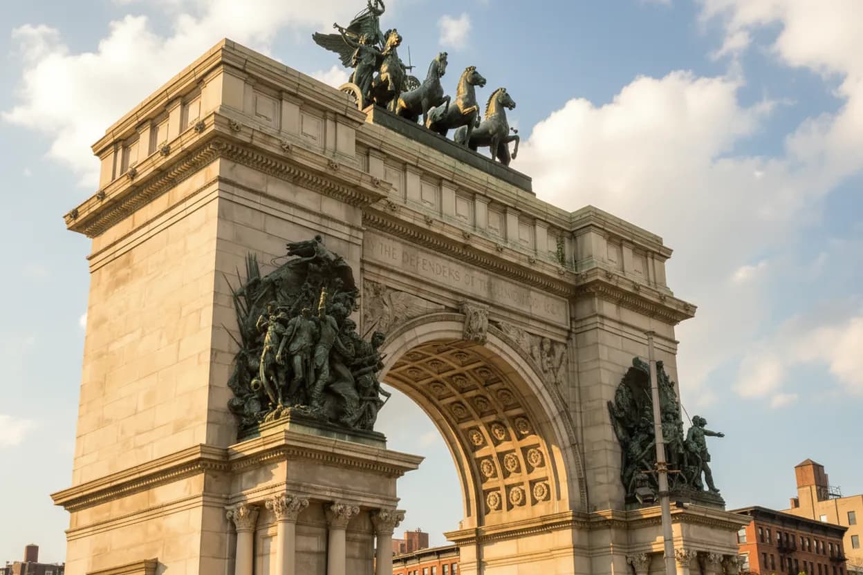 A stone triumphal memorial arch with bronze sculptures