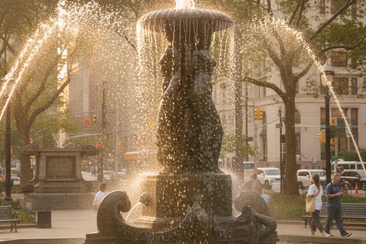 An ornate bronze public fountain in a city plaza