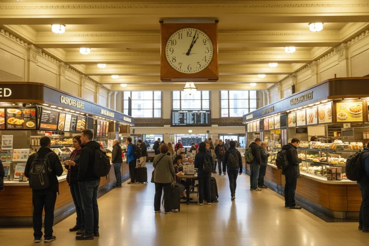 A terminal dining concourse with food counters