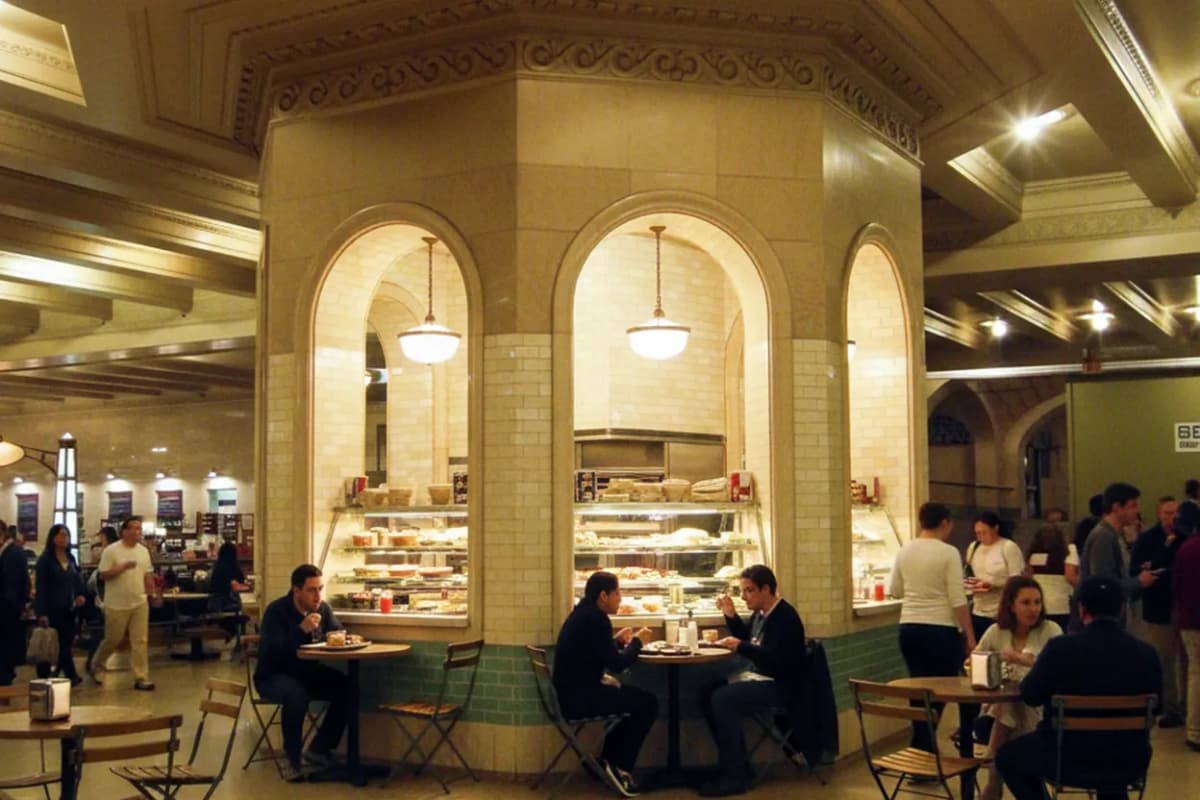A tiled food-hall corner inside a NYC terminal