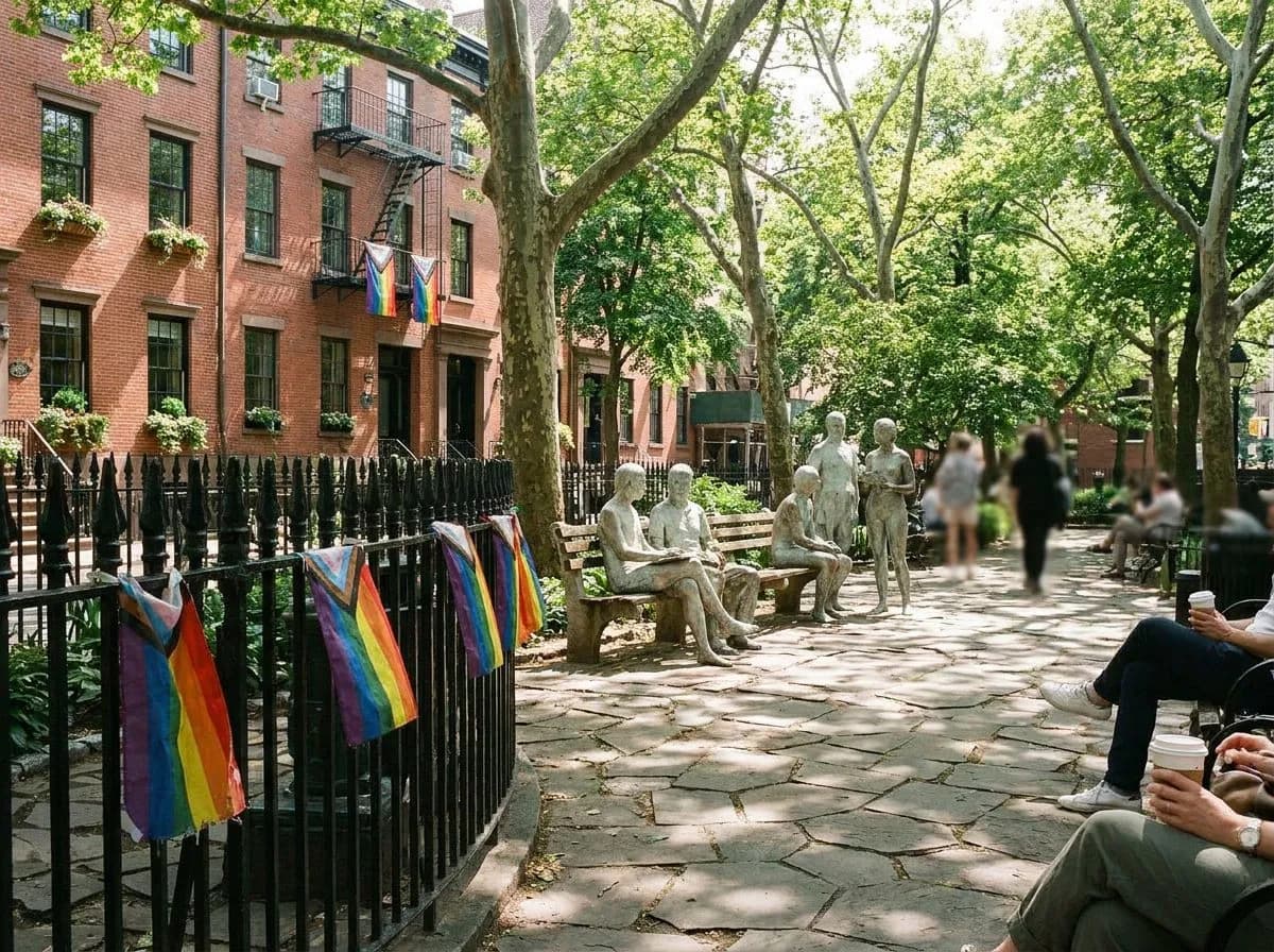 A leafy Greenwich Village pocket park in summer with white-bronze figures on a bench under plane trees
