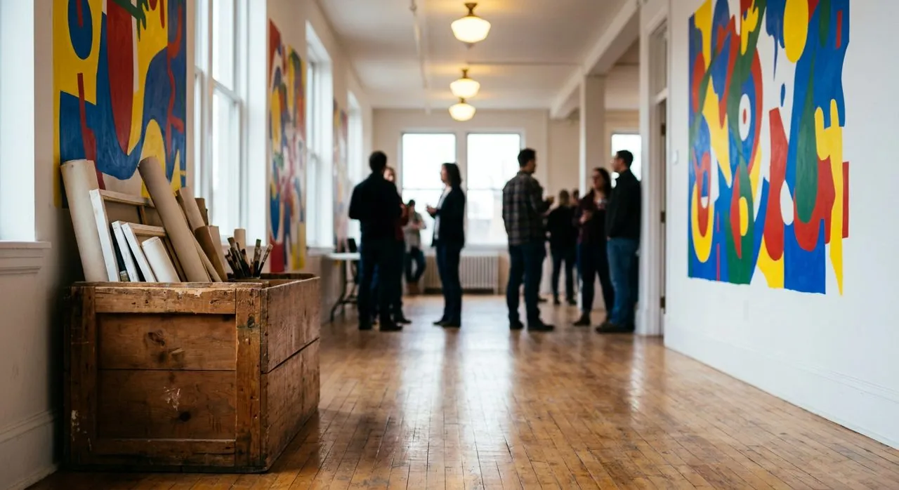 A bright community-center corridor with tall windows, wood floor and colorful wall murals