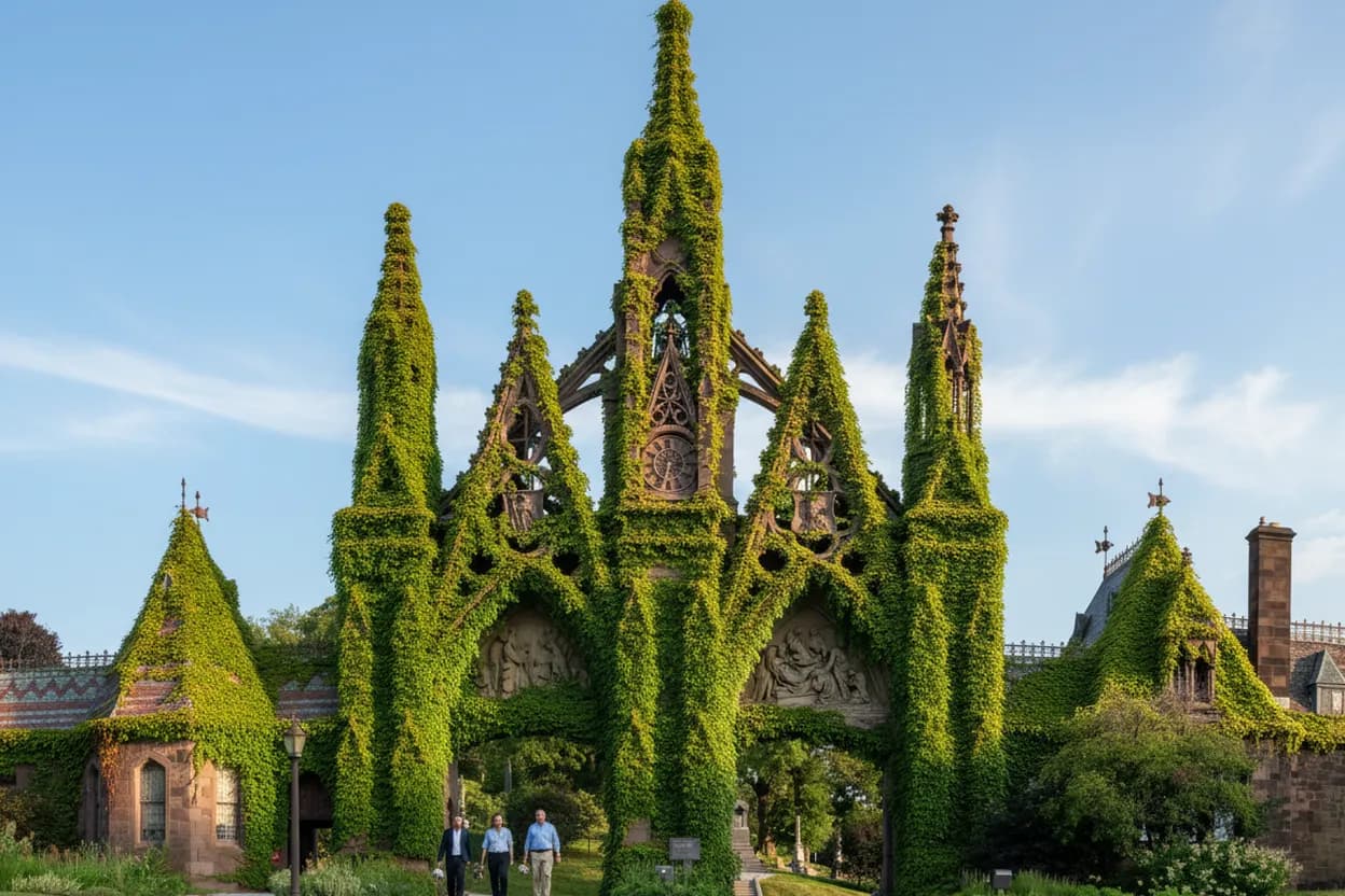 A dramatic Gothic cemetery gate in Brooklyn
