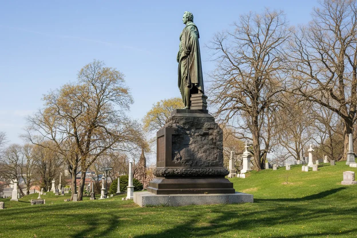 A 19th-century monument on a green cemetery hillside