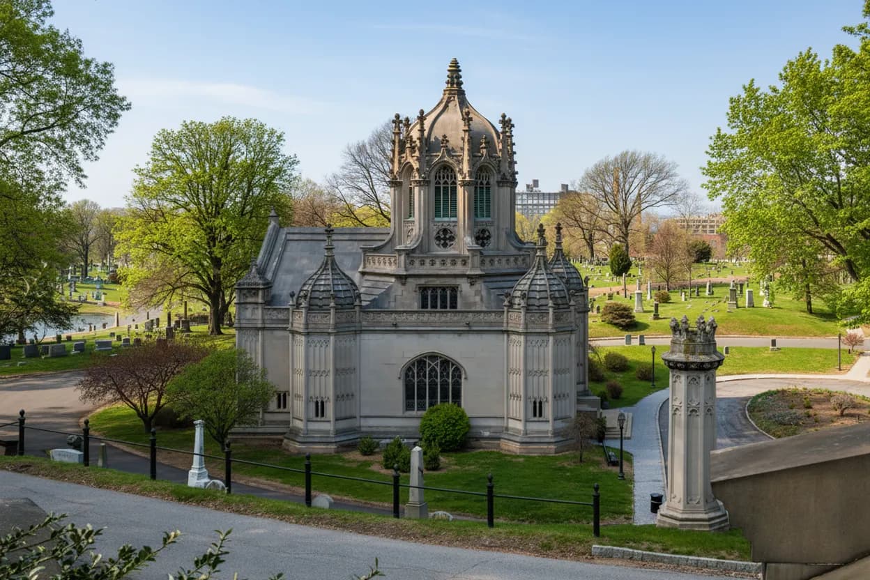 A stone chapel amid landscaped cemetery grounds