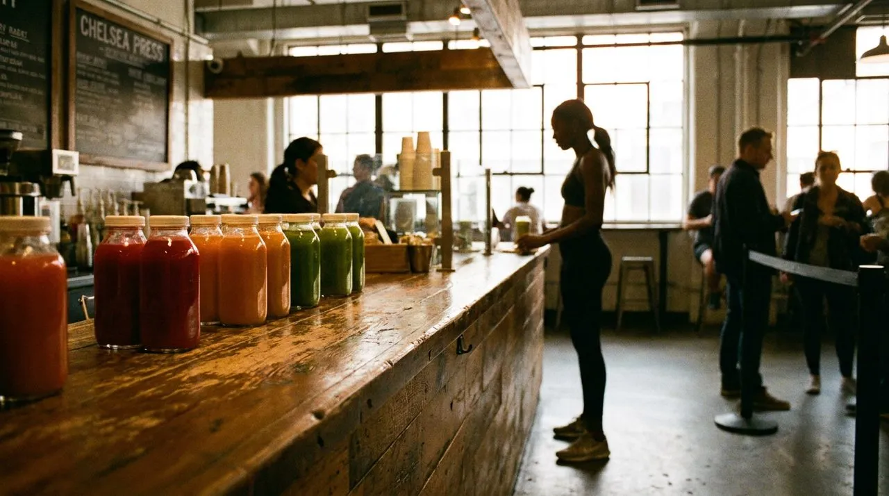 A cold-pressed juice bar counter with colorful bottles in morning light