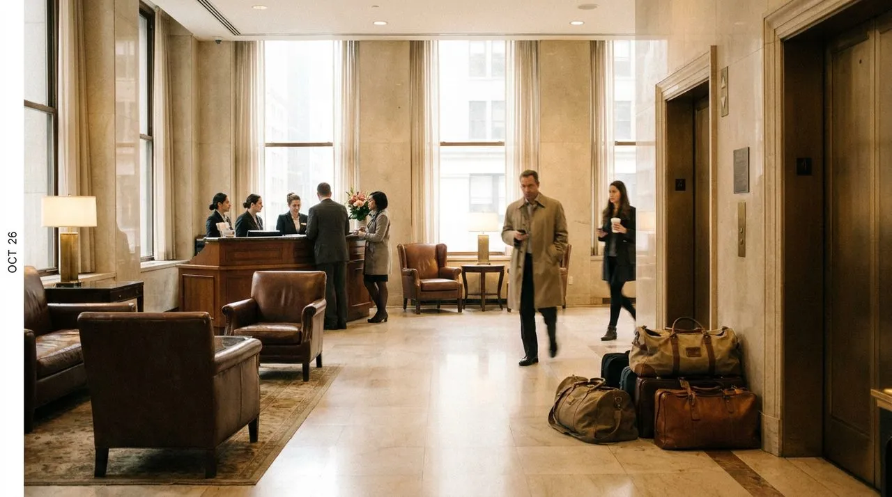 The lobby of a luxury Midtown hotel at dawn with marble floors and quiet morning energy