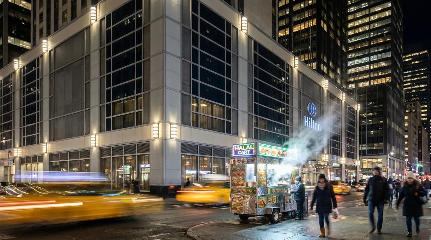 53rd Street and 6th Avenue intersection in Midtown Manhattan at night with street vendors