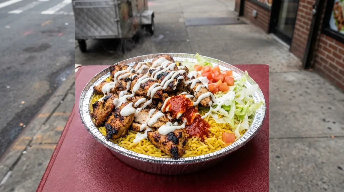 Halal cart platter with chicken over rice and white sauce