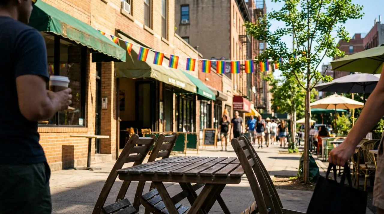 A lively Hell's Kitchen avenue at midday with sidewalk cafe tables and rainbow bunting between storefronts