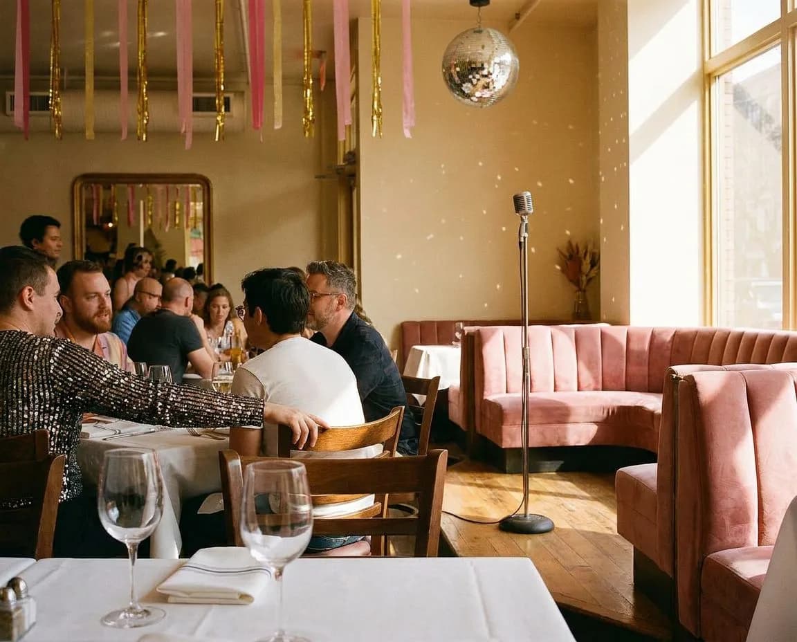 A festive brunch restaurant interior with packed tables, a small performance floor and a disco ball