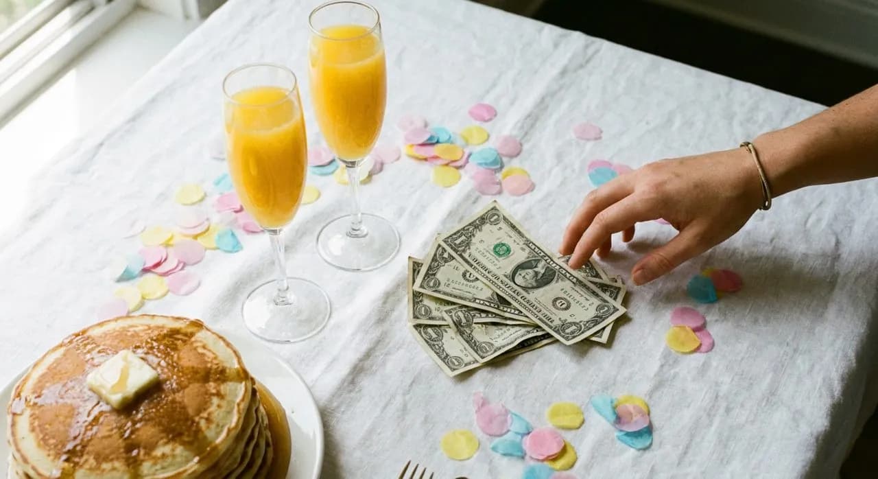 A top-down brunch flat-lay with two mimosas, pancakes, folded dollar bills and pastel confetti
